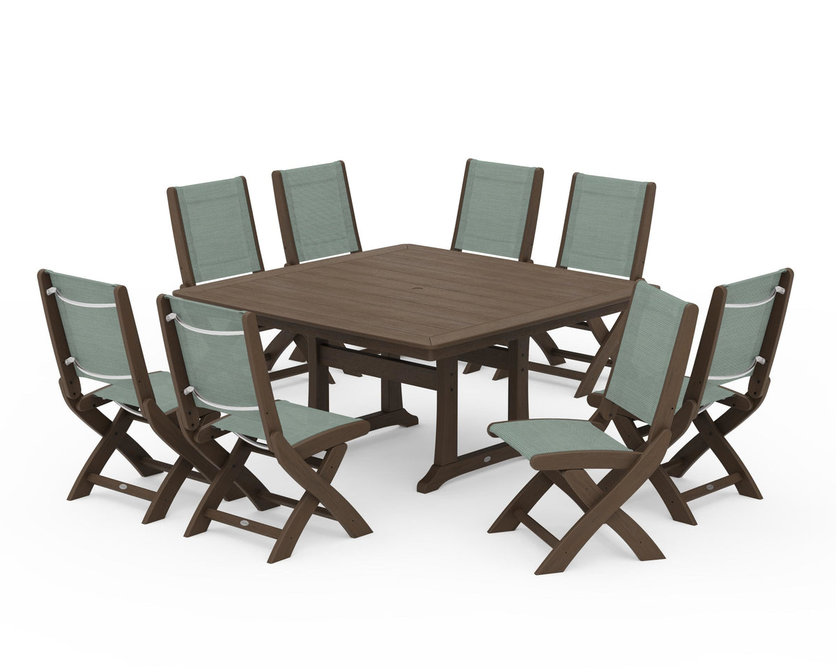 POLYWOOD Coastal Folding Side Chair 9-Piece Dining Set with Trestle Legs in Kona / Dupioni Sea Mist