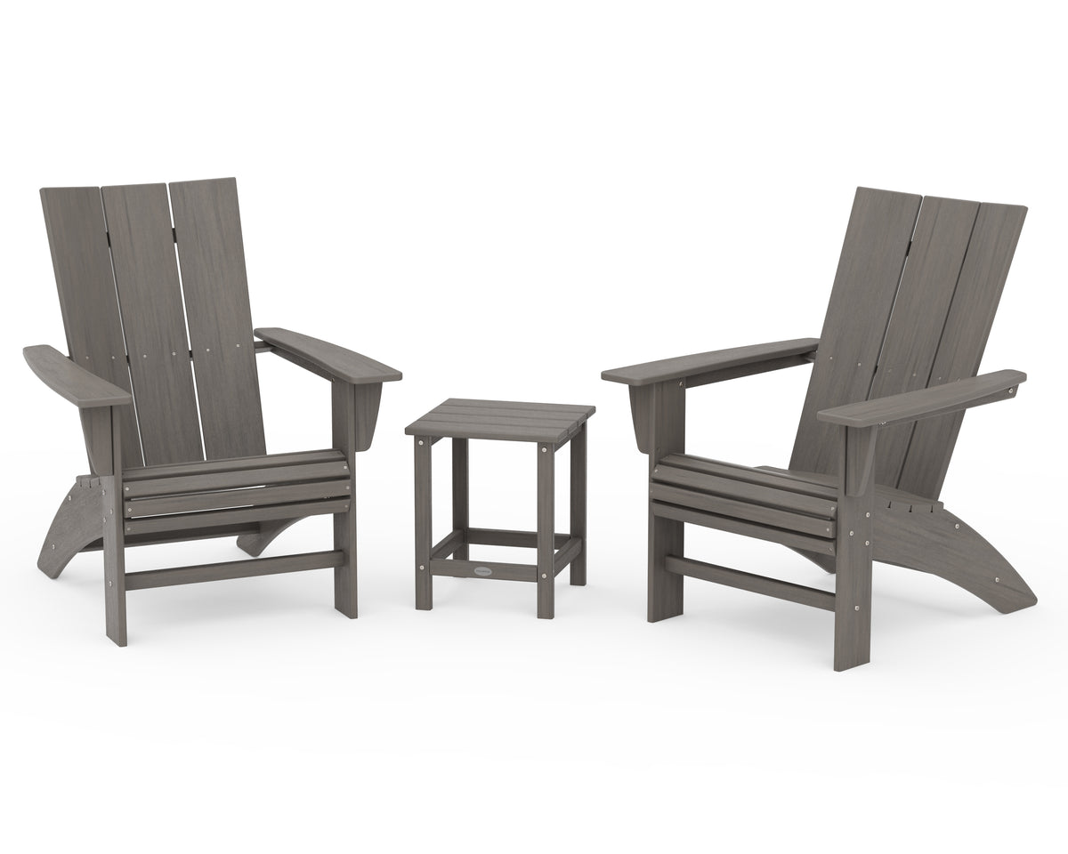 POLYWOOD Modern 3-Piece Curveback Adirondack Set With Long Island 18" Side Table in Driftwood