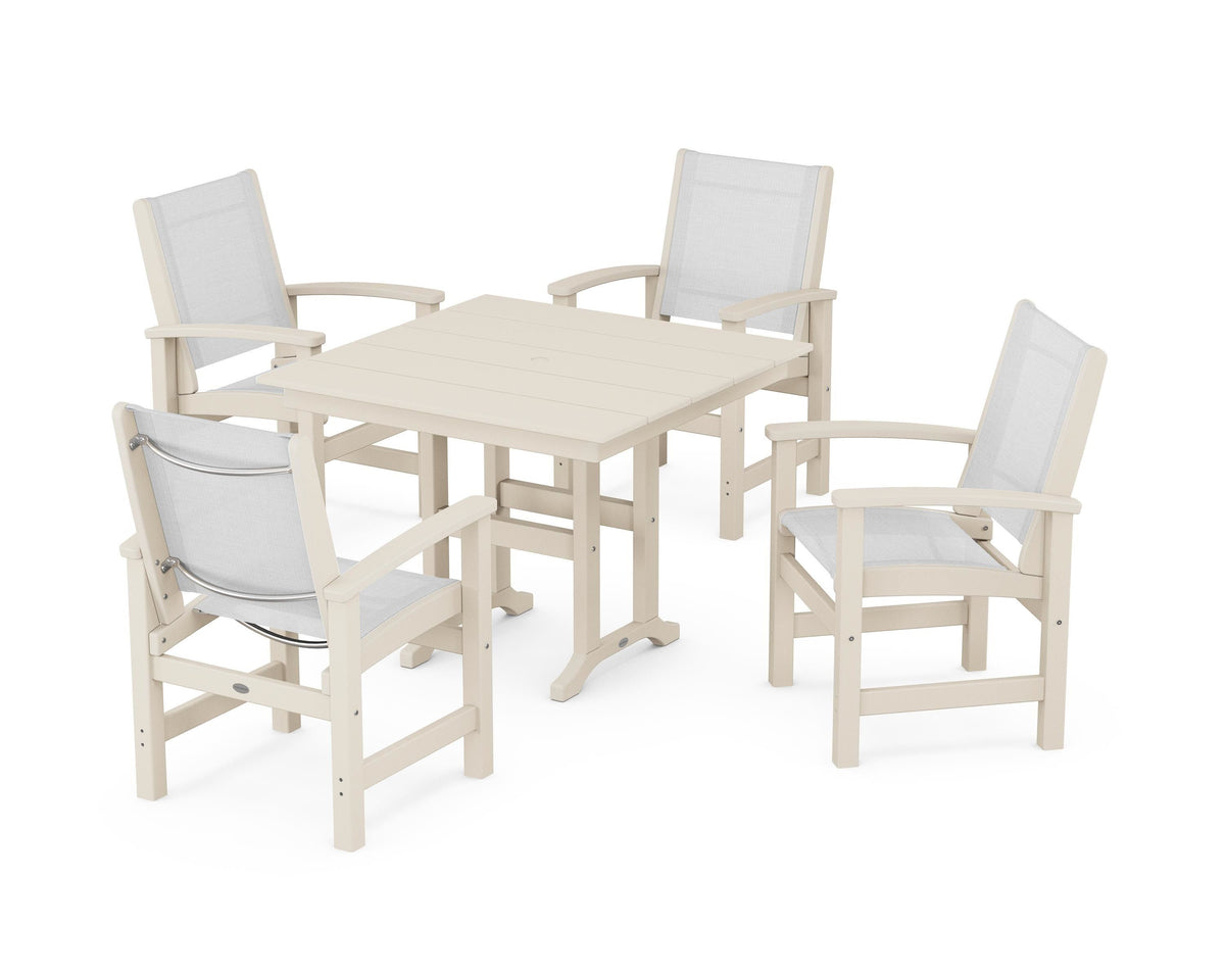 POLYWOOD Coastal 5-Piece Farmhouse Dining Set with Farmhouse 37" Dining Table in Sand / White