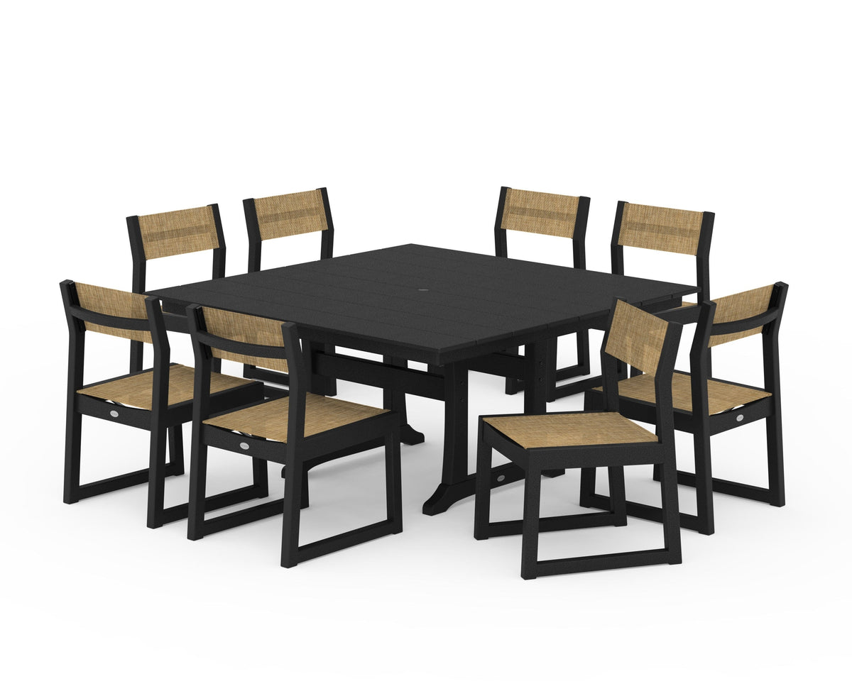 POLYWOOD EDGE Sling Side Chair 9-Piece Farmhouse Trestle Dining Set in Black / Burlap