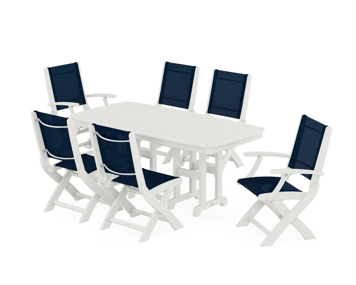 POLYWOOD Coastal Folding Chair 7-Piece Dining Set in Vintage White / Navy Blue