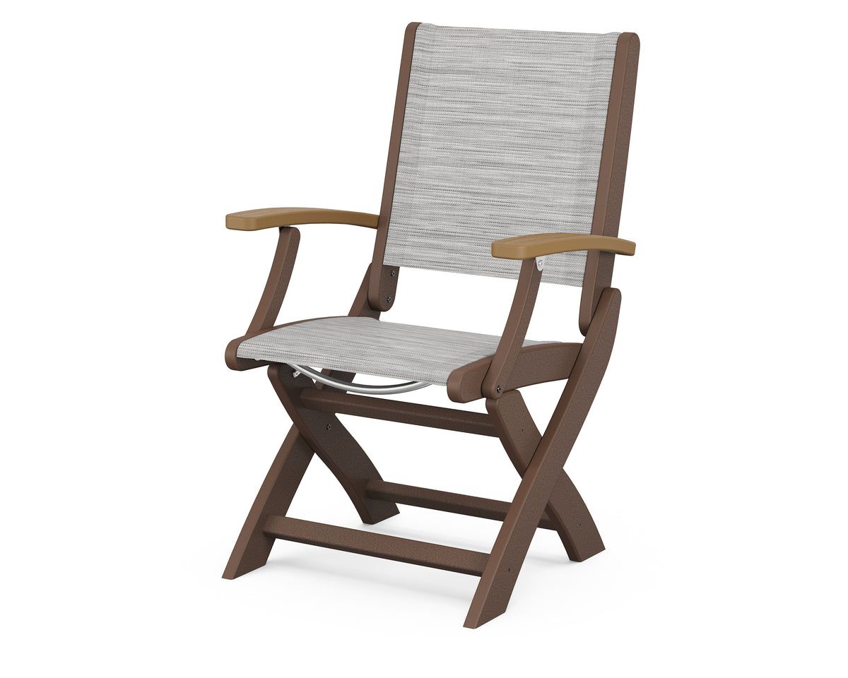 POLYWOOD Coastal Folding Chair in Mahogany with Natural arms and Metallic sling