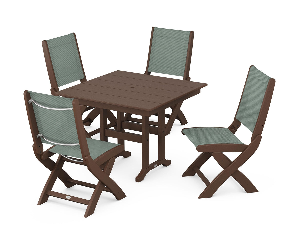 POLYWOOD Coastal Folding Side Chair 5-Piece Farmhouse Dining Set in Mahogany / Dupioni Sea Mist