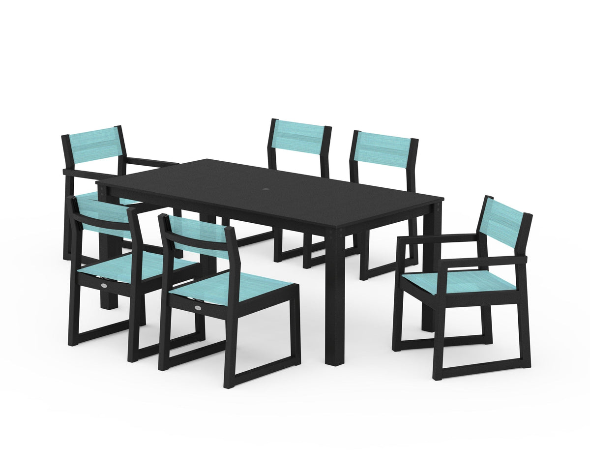 POLYWOOD EDGE Sling 7-Piece Parsons Dining Set in Black / Dupioni Aquamarine