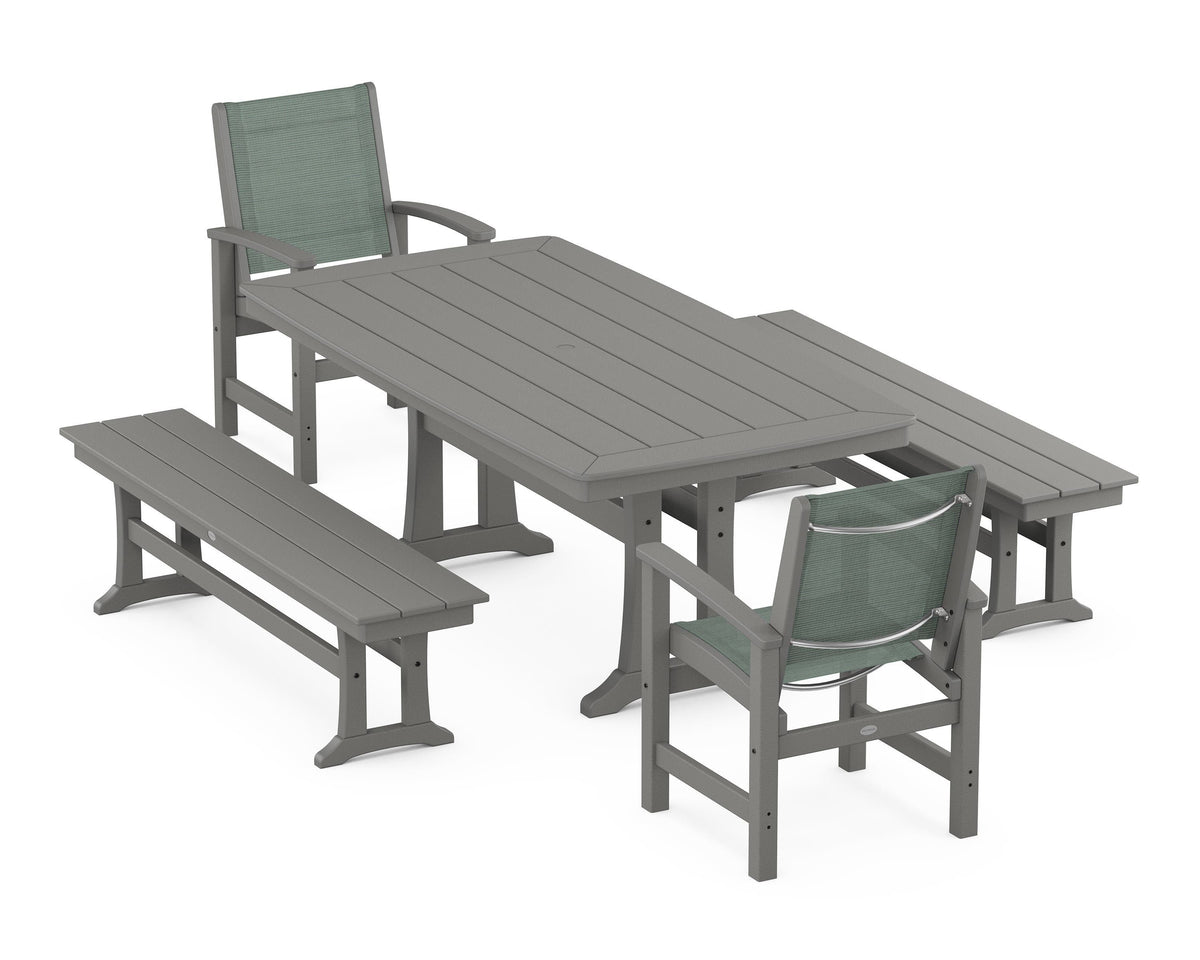 POLYWOOD Coastal 5-Piece Dining Set with Trestle Legs and Benches in Slate Grey / Dupioni Sea Mist