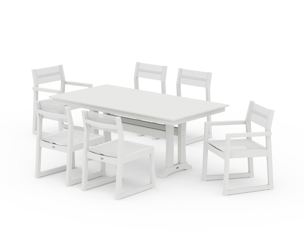 POLYWOOD EDGE Sling 7-Piece Farmhouse Trestle Dining Set in Vintage White / White