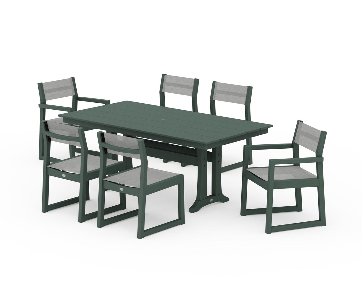 POLYWOOD EDGE Sling 7-Piece Farmhouse Trestle Dining Set in Green / Metallic
