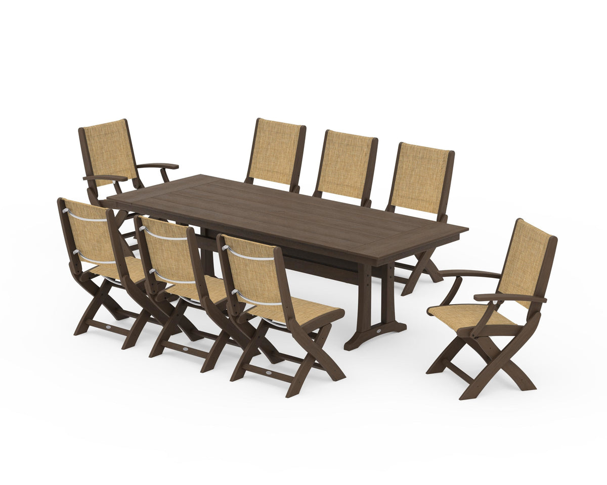 POLYWOOD Coastal 9-Piece Folding Dining Chair Farmhouse Dining Set with Trestle Legs in Kona / Burlap
