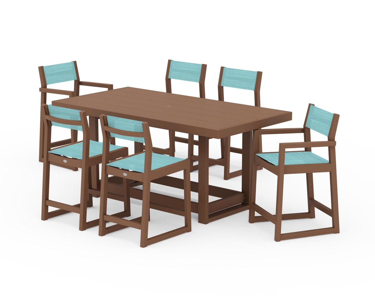 POLYWOOD EDGE Sling 7-Piece Counter Table Set in Teak / Dupioni Aquamarine