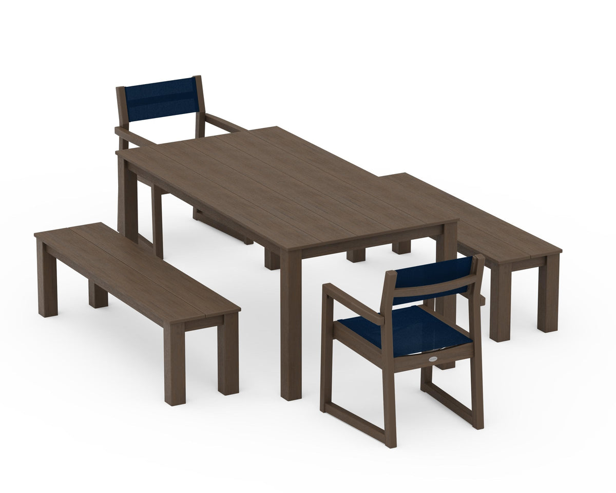POLYWOOD EDGE Sling Arm Chair 5-Piece Parsons Dining Set with Benches in Kona / Navy Blue