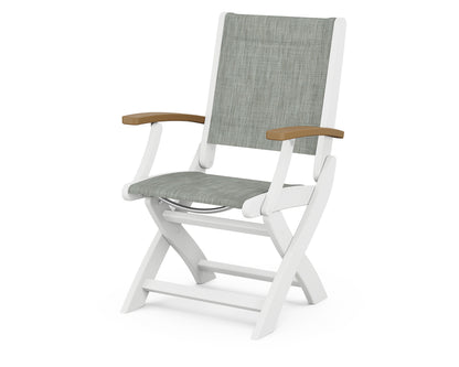 POLYWOOD Coastal Folding Chair in White with Natural arms and Birch sling