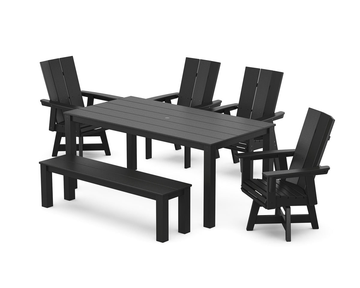 POLYWOOD Modern Curveback Adirondack 6-Piece Parsons Swivel Dining Set with Bench in Black