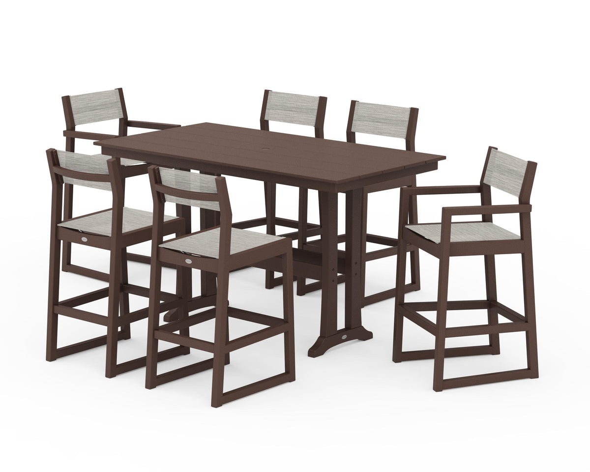 POLYWOOD EDGE Sling 7-Piece Farmhouse Bar Set with Trestle Legs in Mahogany / Birch