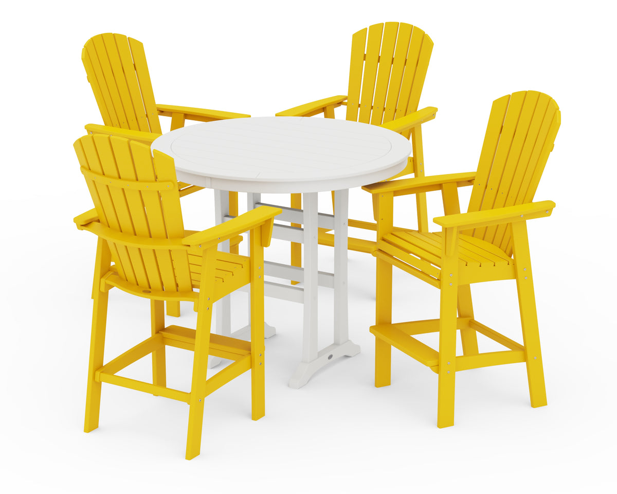 POLYWOOD Nautical Curveback Adirondack 5-Piece Round Trestle Bar Set in Lemon / White