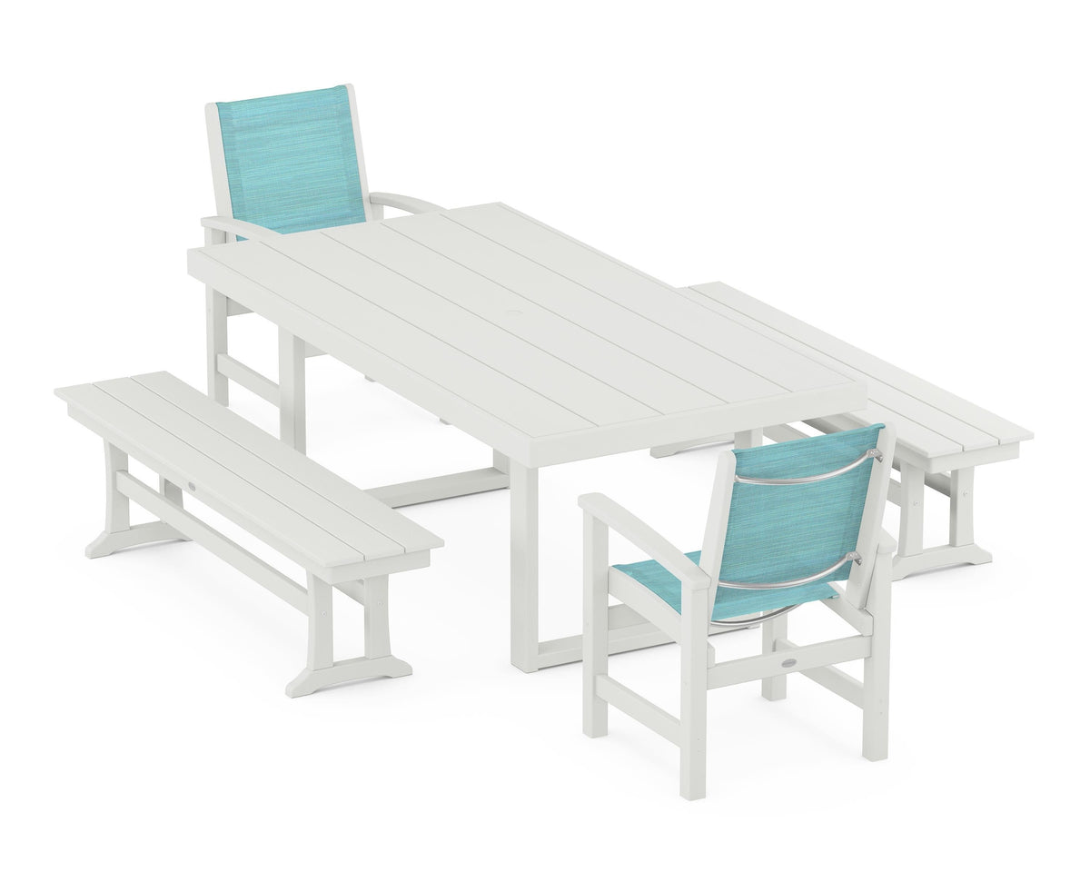 POLYWOOD Coastal 5-Piece Dining Set with Trestle Legs with EDGE 40" x 78" Dining Table in Vintage White / Dupioni Aquamarine