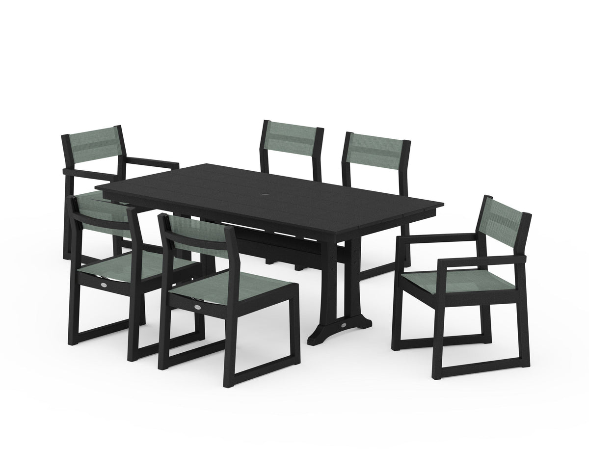 POLYWOOD EDGE Sling 7-Piece Farmhouse Trestle Dining Set in Black / Dupioni Sea Mist