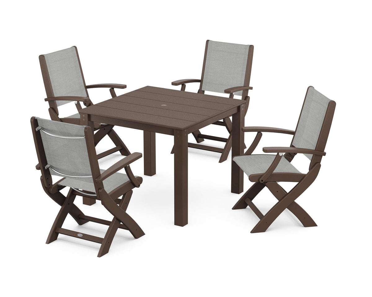 POLYWOOD Coastal Folding Chair 5-Piece Parsons Dining Set in Mahogany / Metallic