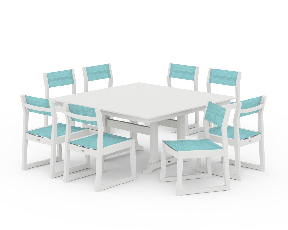 POLYWOOD EDGE Sling Side Chair 9-Piece Farmhouse Trestle Dining Set in Vintage White / Dupioni Aquamarine