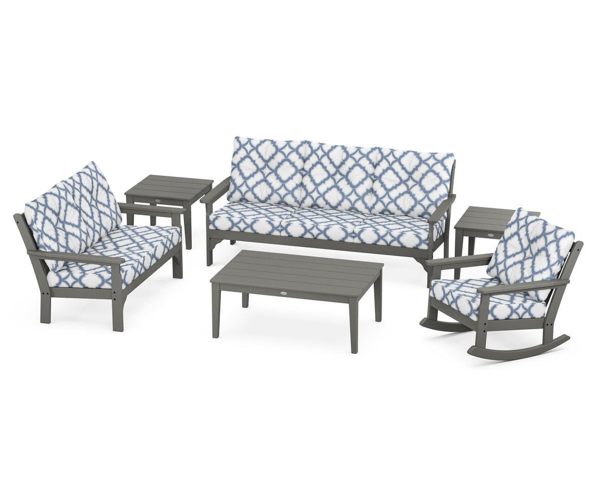 POLYWOOD Vineyard 6-Piece Deep Seating Set with Rocking Chair in Slate Grey / Trellis Sky Blue