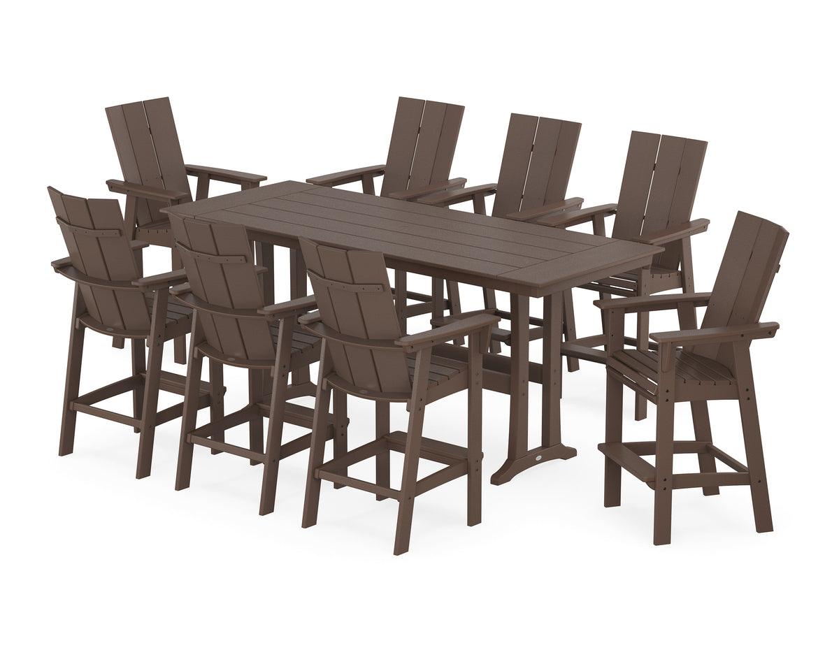 POLYWOOD Modern Curveback Adirondack 9-Piece Farmhouse Bar Set with Trestle Legs in Mahogany