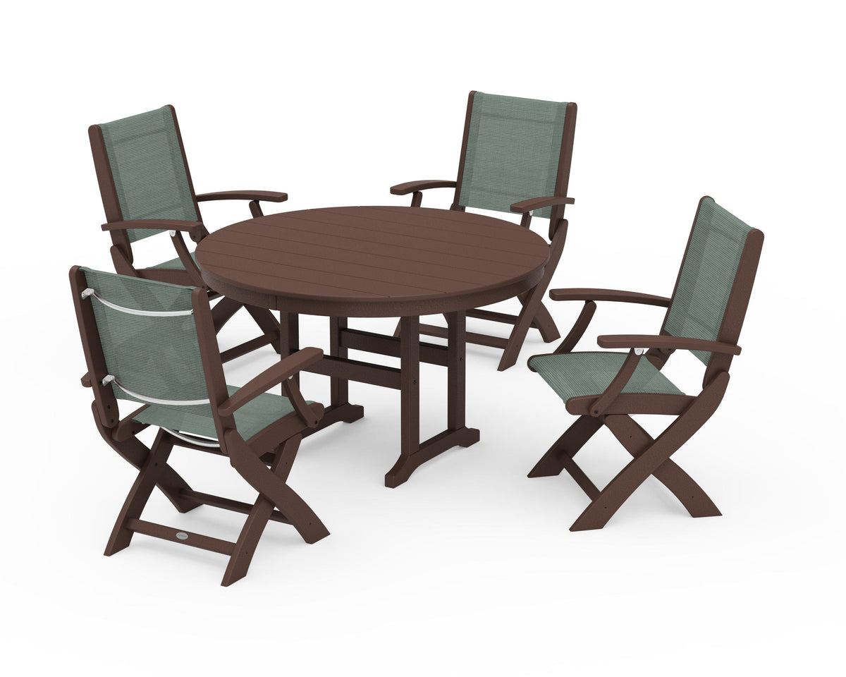 POLYWOOD Coastal Folding Chair 5-Piece Round Dining Set in Mahogany / Dupioni Sea Mist