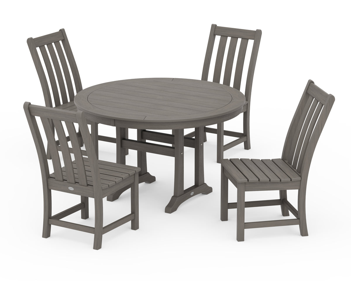 POLYWOOD Vineyard Side Chair 5-Piece Round Dining Set with Trestle Legs in Driftwood
