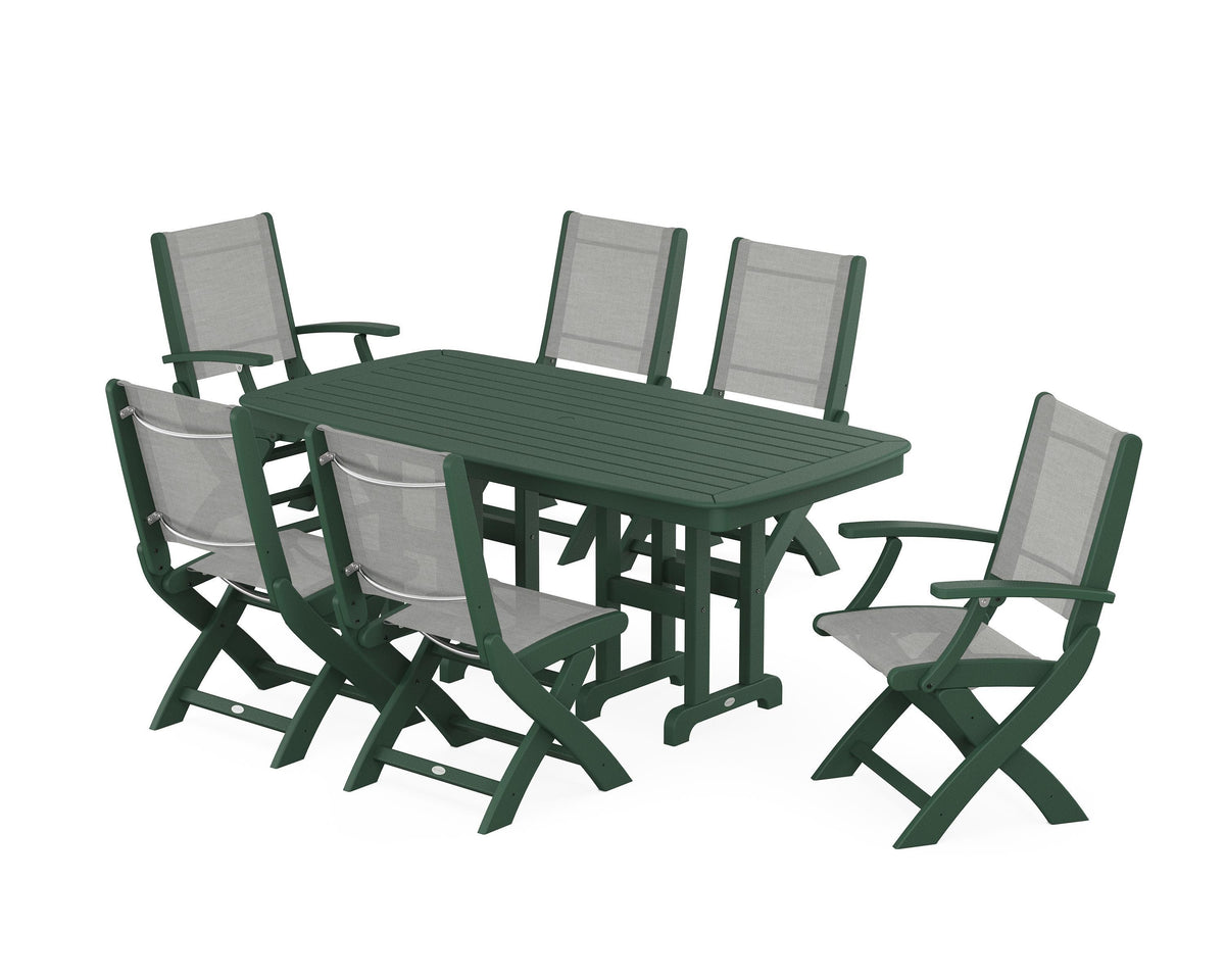 POLYWOOD Coastal Folding Chair 7-Piece Dining Set in Green / Metallic