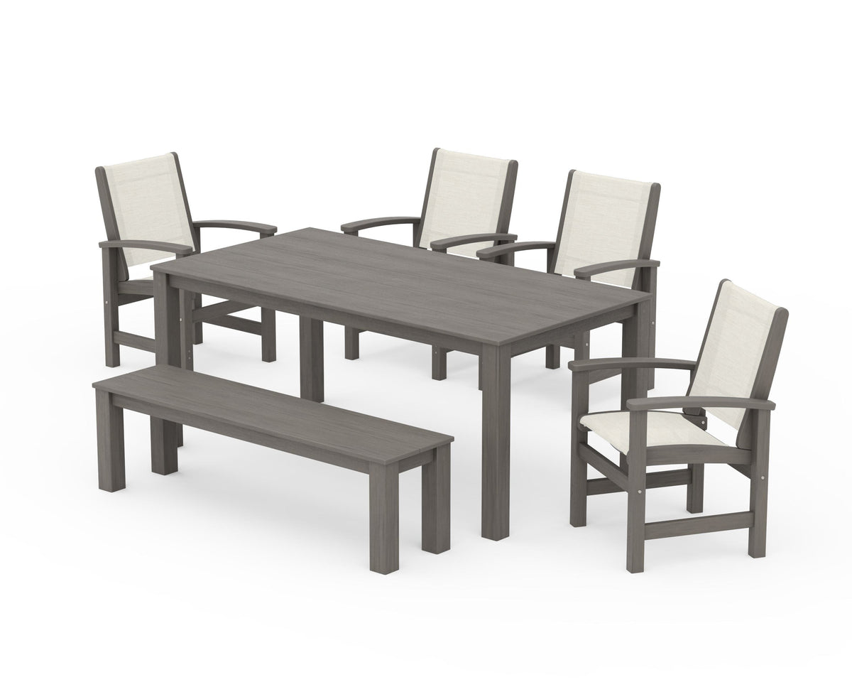 POLYWOOD Coastal 6-Piece Parsons Dining Set with Bench in Driftwood / Parchment