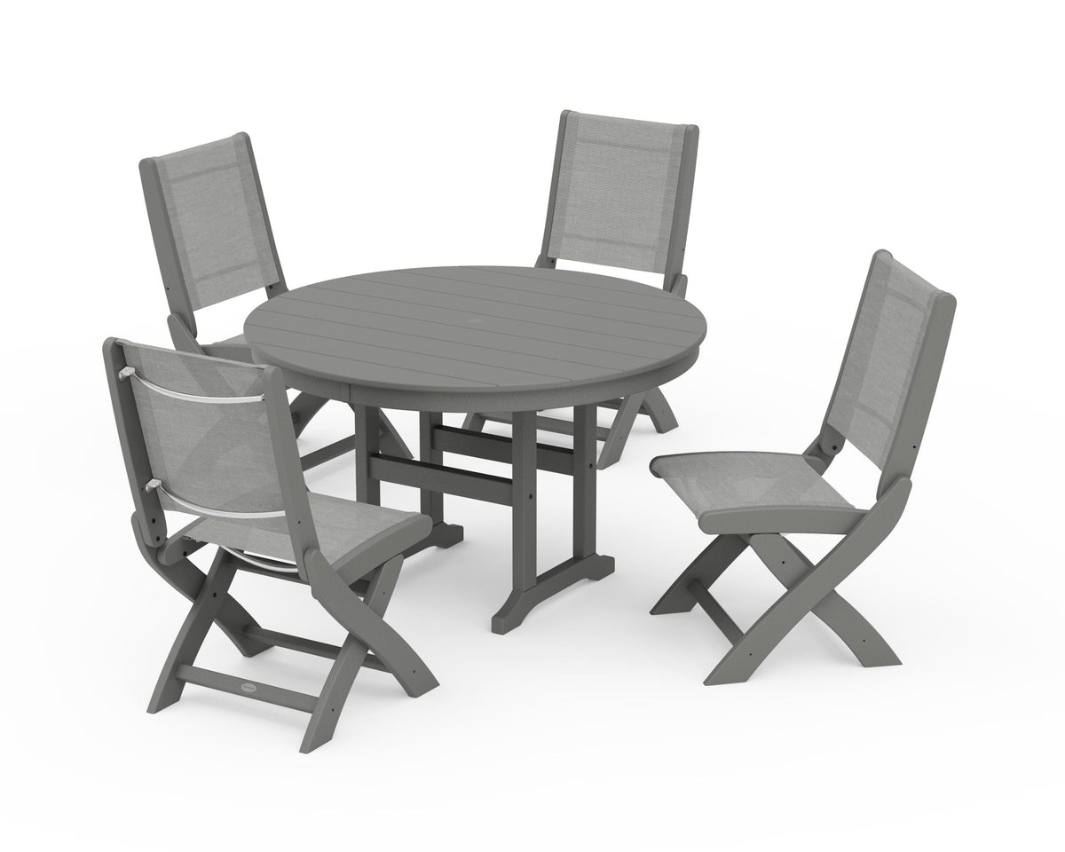 POLYWOOD Coastal Folding Side Chair 5-Piece Round Dining Set in Slate Grey / Metallic