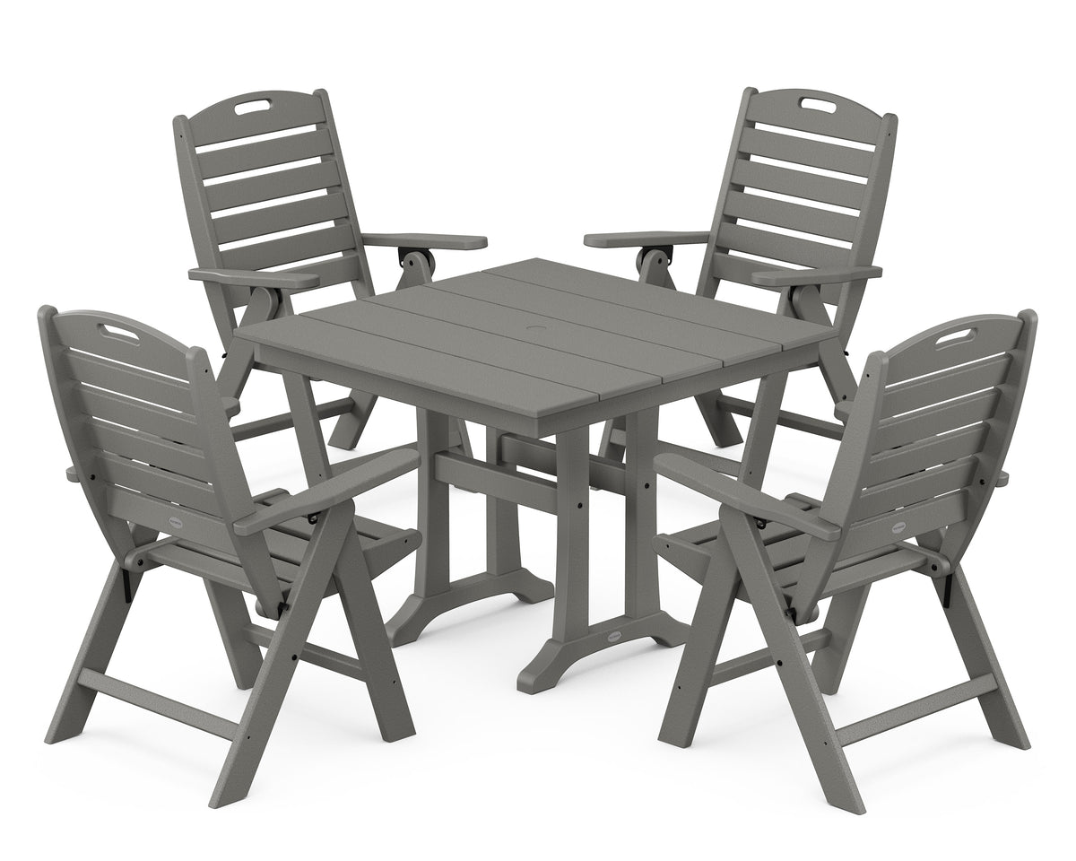 POLYWOOD Nautical Folding Highback Chair 5-Piece Farmhouse Trestle Dining Set in Slate Grey