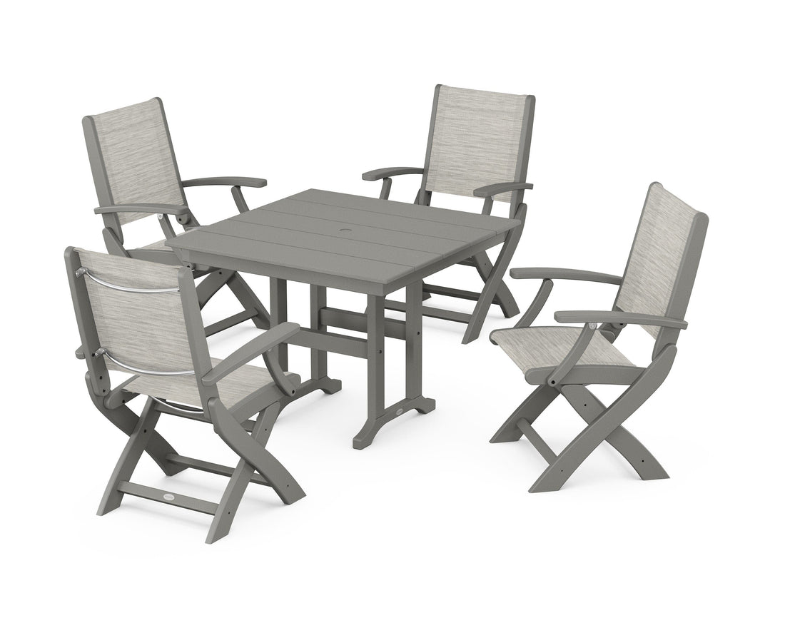 POLYWOOD Coastal Folding Chair 5-Piece Farmhouse Dining Set in Slate Grey / Birch