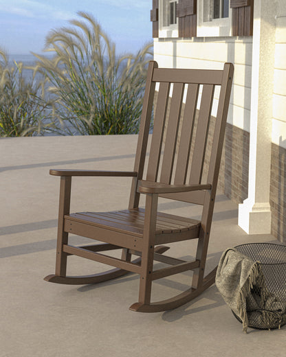 POLYWOOD Vineyard Porch Rocking Chair in Mahogany styled outdoors