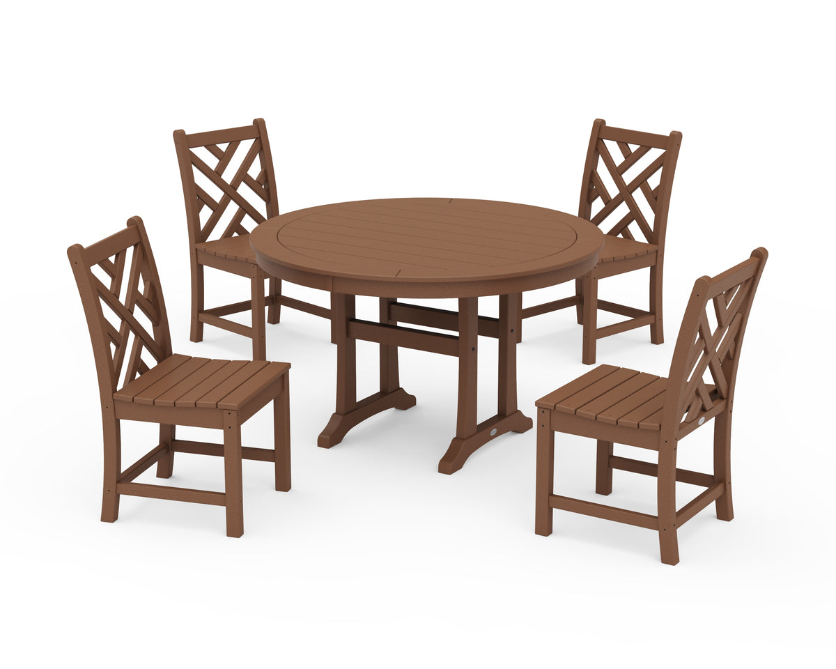 POLYWOOD Chippendale Side Chair 5-Piece Round Dining Set with Trestle Legs in Teak