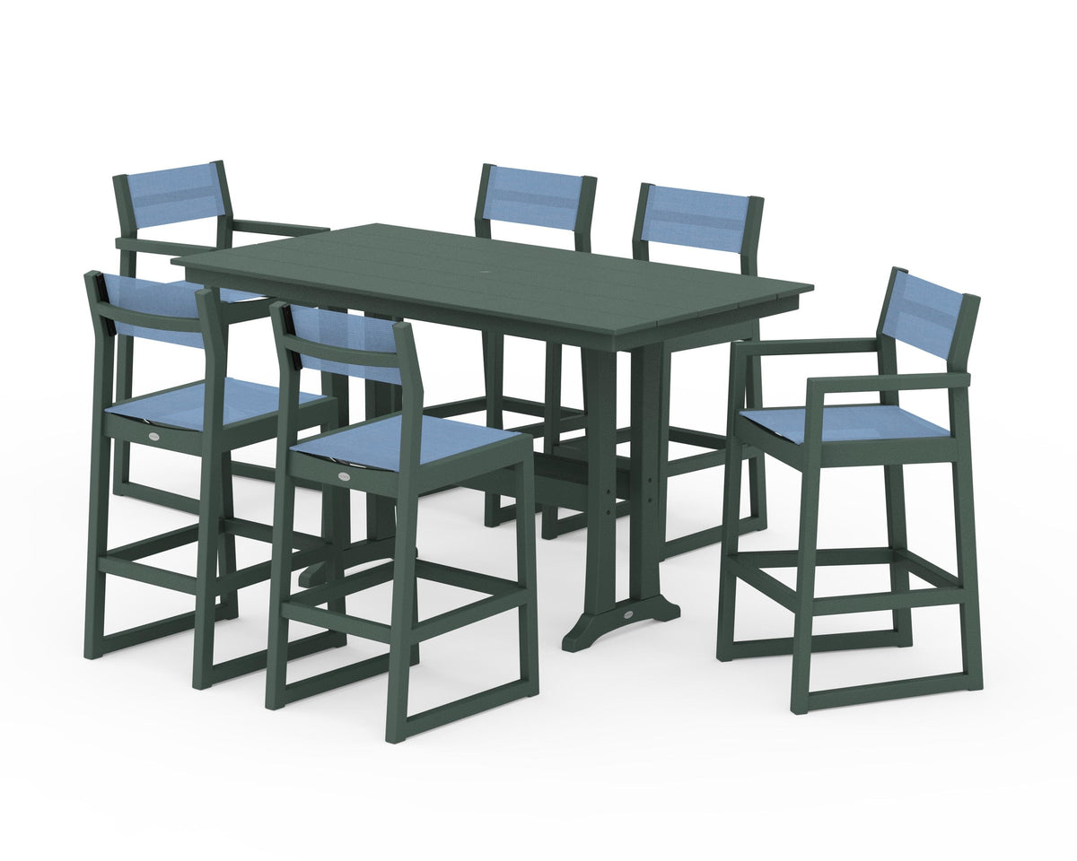 POLYWOOD EDGE Sling 7-Piece Farmhouse Bar Set with Trestle Legs in Green / Poolside