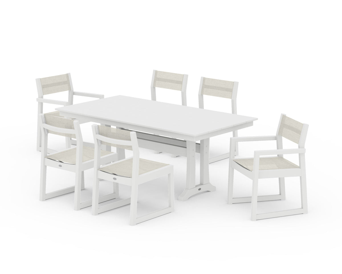POLYWOOD EDGE Sling 7-Piece Farmhouse Trestle Dining Set in White / Parchment