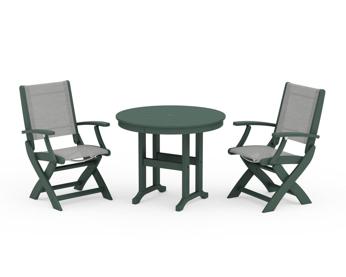 POLYWOOD Coastal Folding Chair 3-Piece Round Dining Set in Green / Metallic
