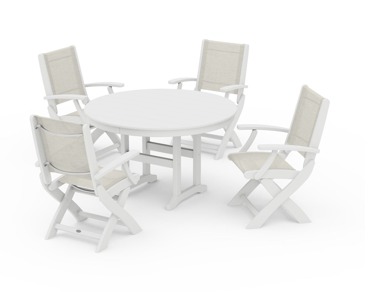 POLYWOOD Coastal Folding Chair 5-Piece Round Dining Set in White / Parchment
