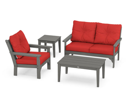 POLYWOOD Vineyard 4-Piece Deep Seating Set with 36" Coffee Table in Slate Grey / Crimson Linen