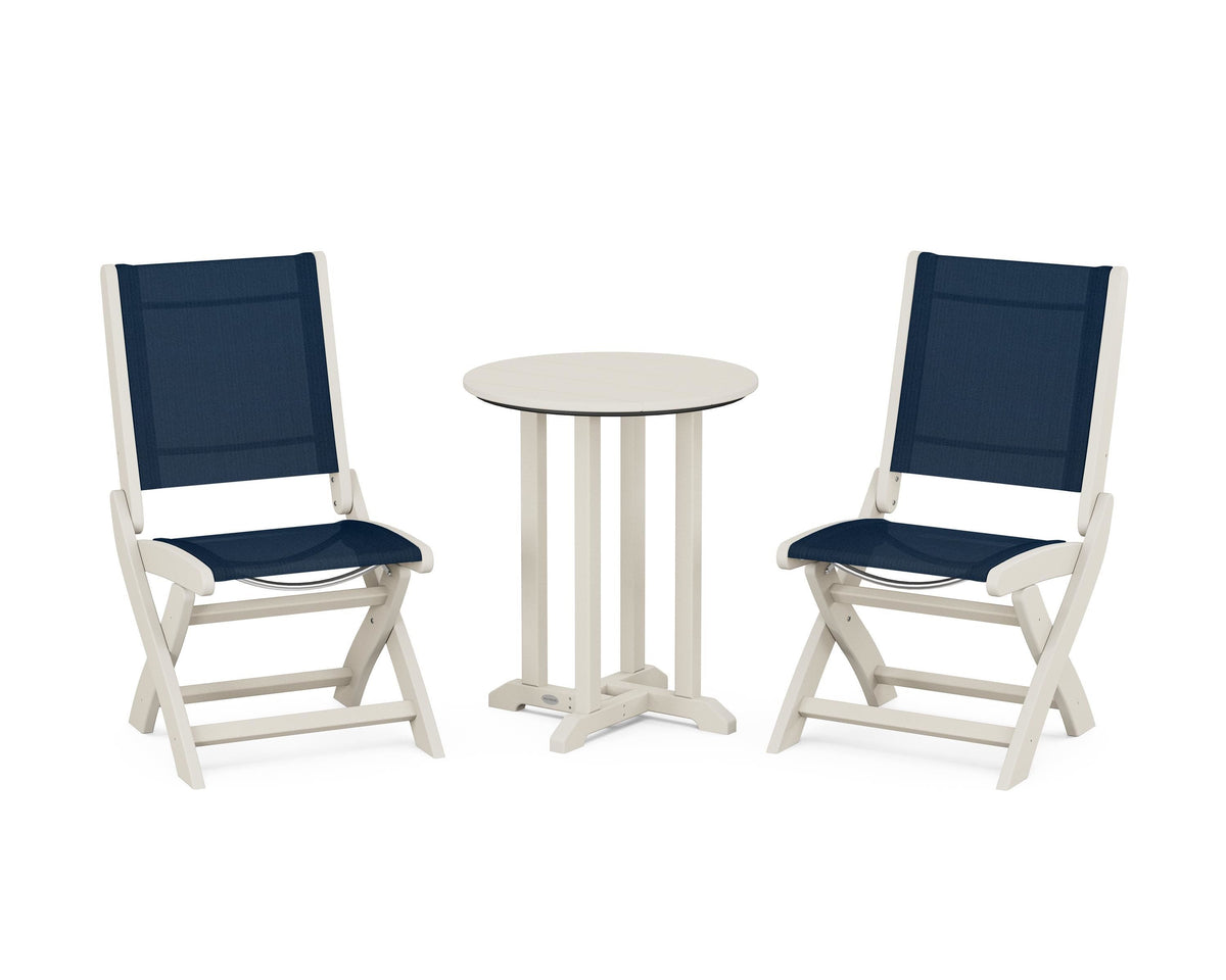 POLYWOOD Coastal Folding Side Chair 3-Piece Round Bistro Dining Set in Sand / Navy Blue