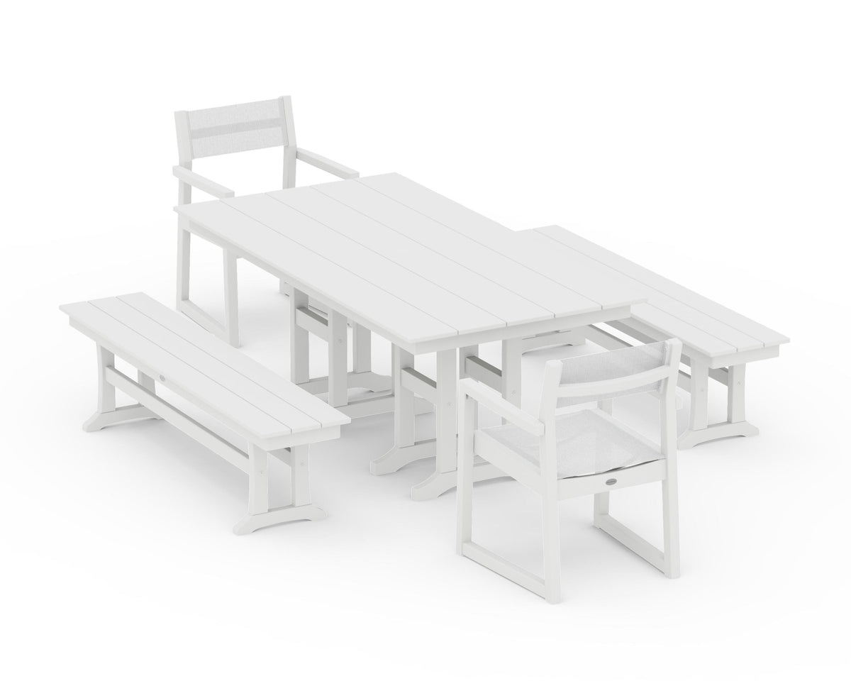 POLYWOOD EDGE Sling Arm Chair 5-Piece Farmhouse Dining Set with Benches in White / White