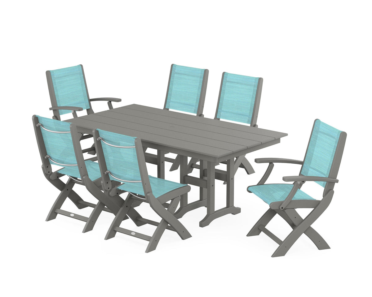 POLYWOOD Coastal Folding Chair 7-Piece Farmhouse Dining Set in Slate Grey / Dupioni Aquamarine