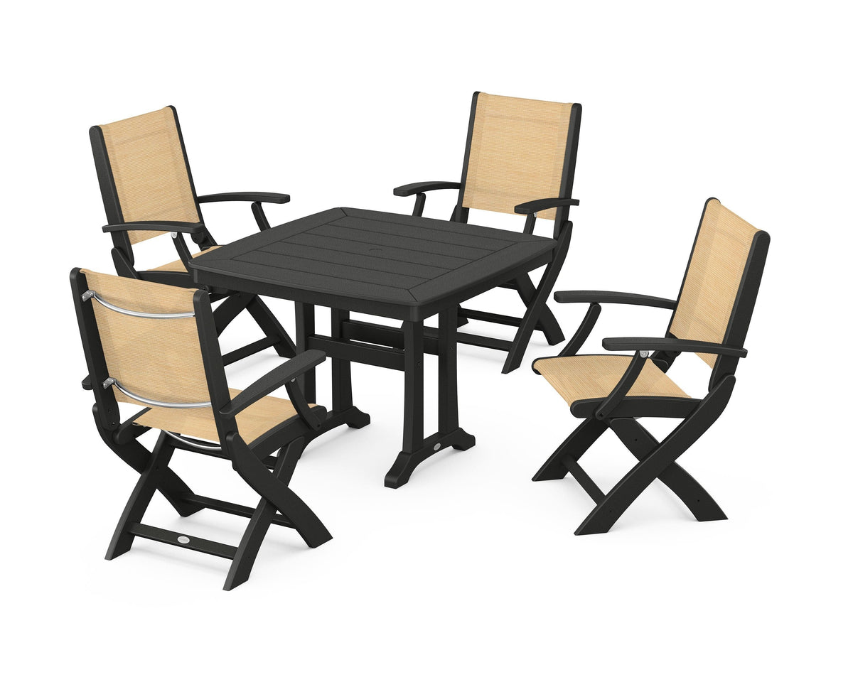 POLYWOOD Coastal Folding Chair 5-Piece Dining Set with Trestle Legs in Black / Dupioni Apricot