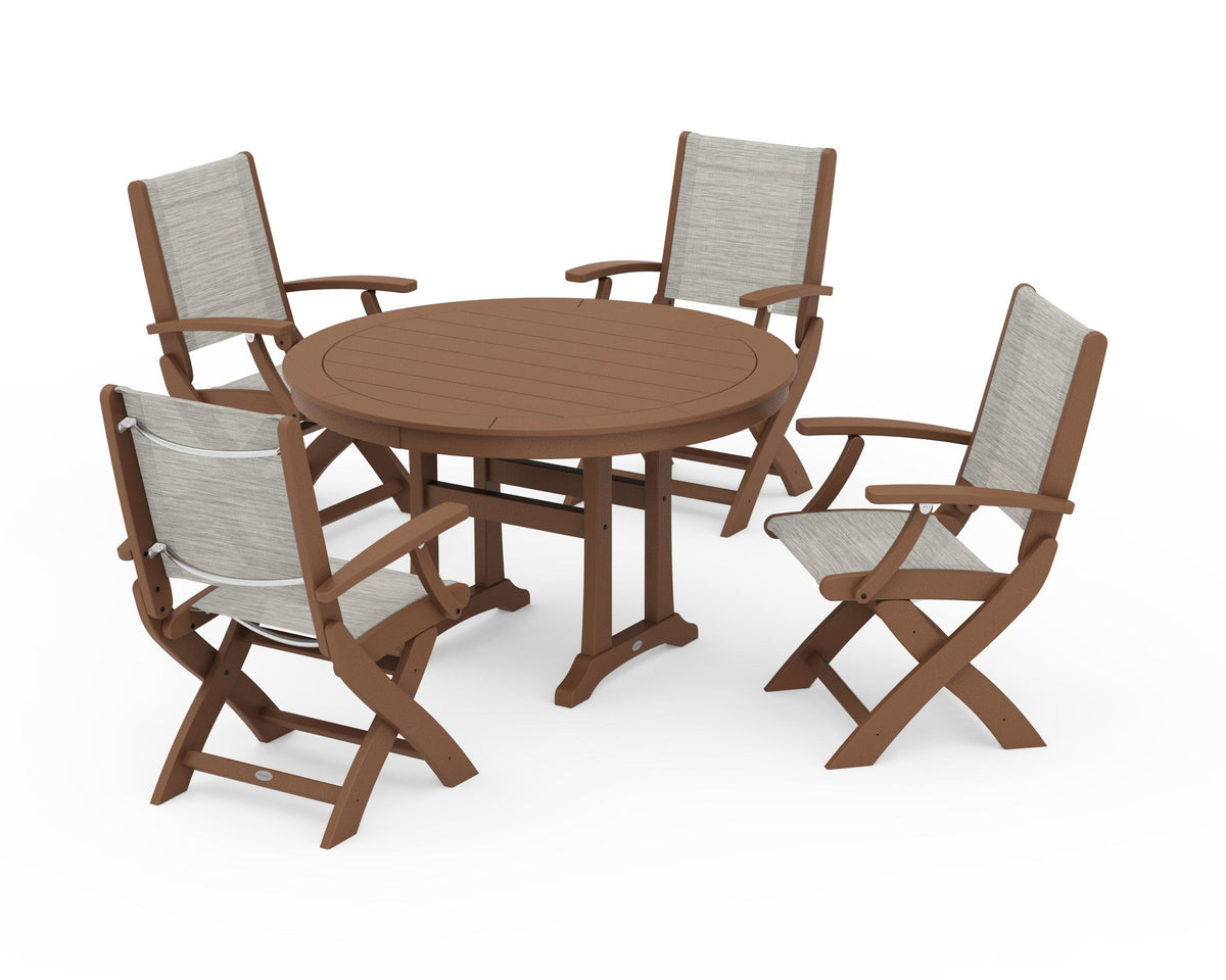 POLYWOOD Coastal Folding Chair 5-Piece Round Dining Set with Trestle Legs in Teak / Birch