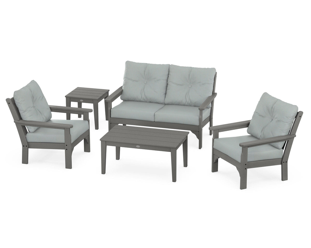 POLYWOOD Vineyard 5-Piece Deep Seating Set with Two Chairs and Loveseat in Slate Grey / Spa