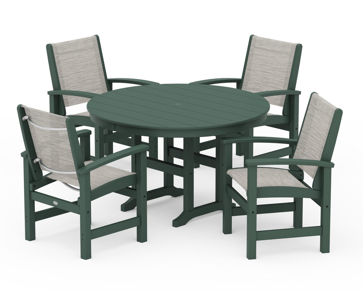 POLYWOOD Coastal 5-Piece Round Farmhouse Dining Set in Green / Birch
