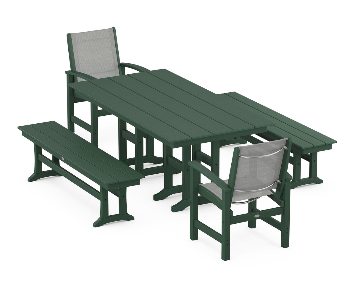 POLYWOOD Coastal 5-Piece Farmhouse Dining Set with Farmhouse 37" x 72" Dining Table in Green / Metallic