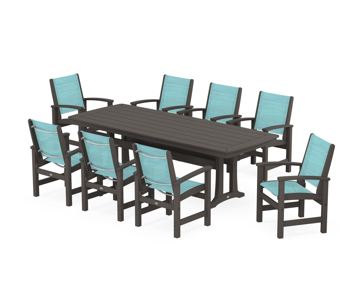 POLYWOOD Coastal 9-Piece Dining Set with Trestle Legs in Vintage Coffee / Dupioni Aquamarine
