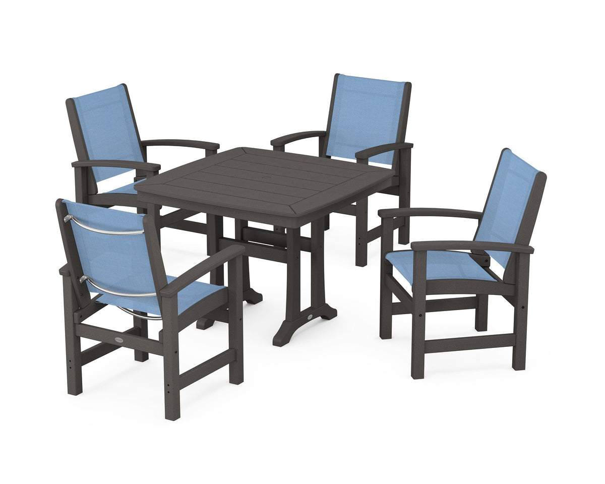 POLYWOOD Coastal 5-Piece Dining Set with Trestle Legs with Nautical Trestle 37" Dining Table in Vintage Coffee / Poolside