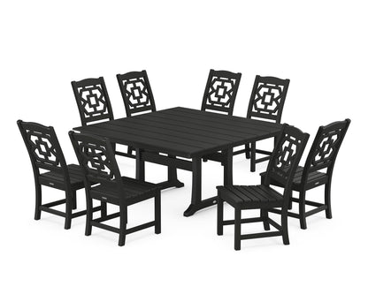 POLYWOOD Chinoiserie 9-Piece Square Farmhouse Side Chair Dining Set with Trestle Legs in Black