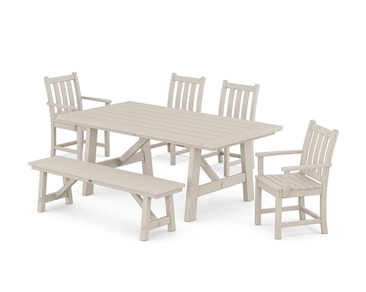 POLYWOOD Traditional Garden 6-Piece Rustic Farmhouse Dining Set with Bench in Sand